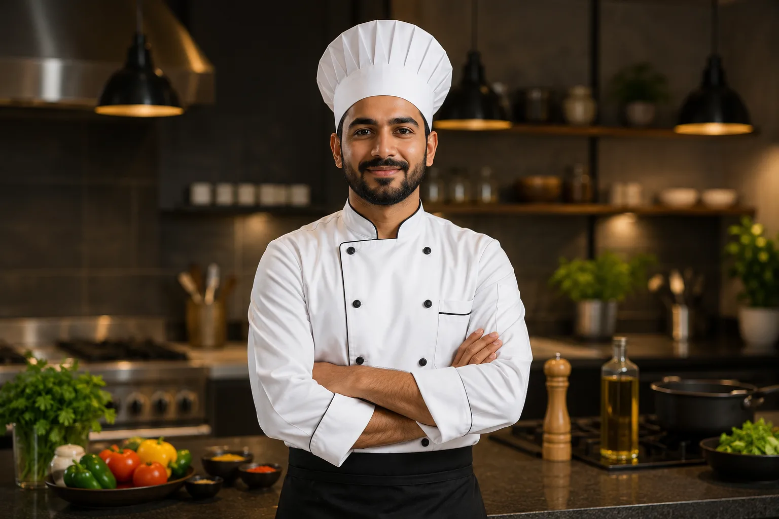 Professional chef with arms crossed in a modern kitchen