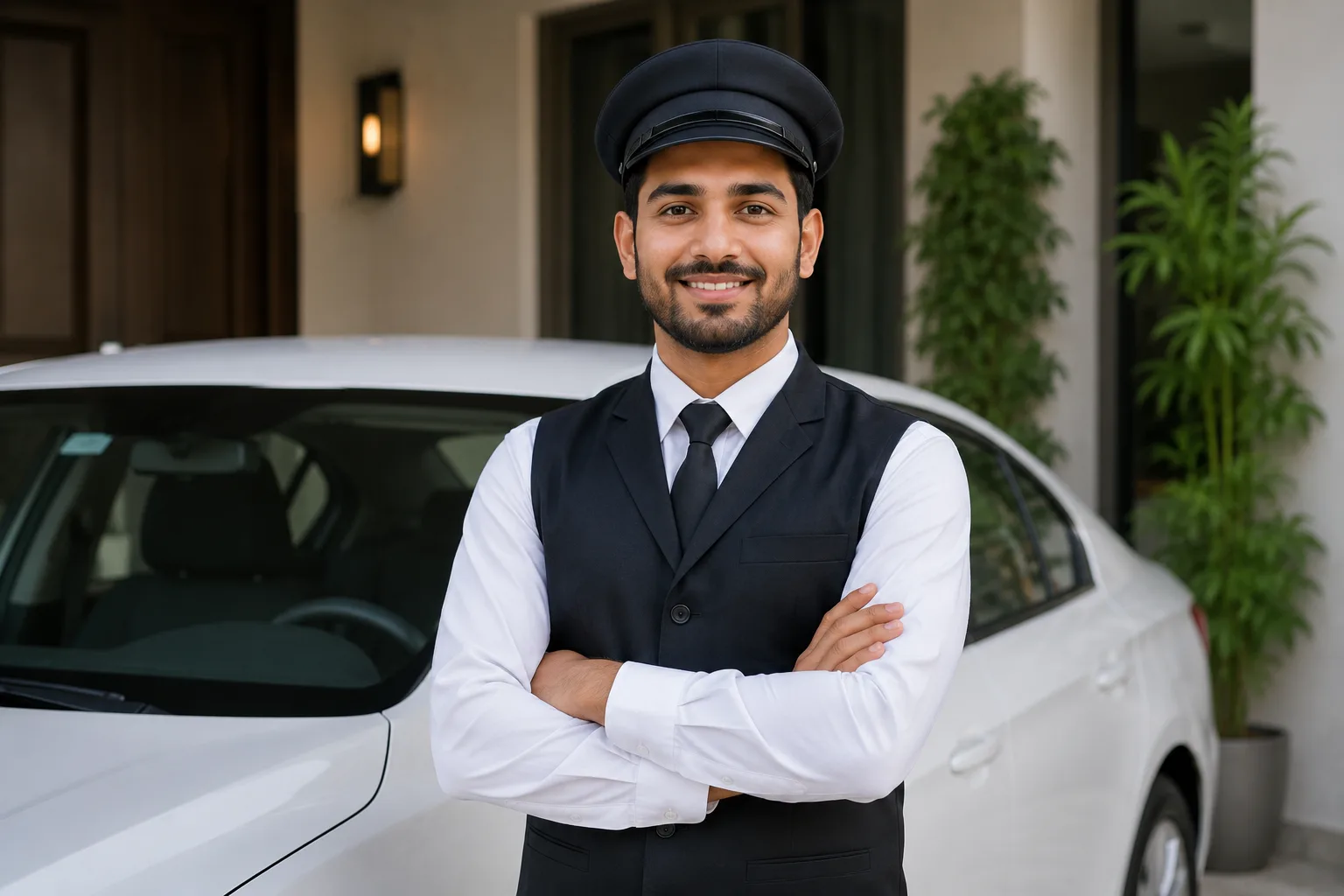 Professional driver in uniform standing beside a car
